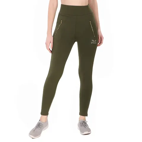 STYLESO Solid Yoga Pants for Women High Waisted Stretchable Workout Jeggings with Pockets. (XL, Olive)