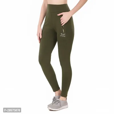 STYLESO Solid Yoga Pants for Women High Waisted Stretchable Workout Jeggings with Pockets. (3XL, Olive)-thumb3