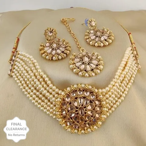 Stylish Fancy Designer Alloy Pack Of 1 Necklace With 1 Pair Earrings And 1 Mangtikka Jewellery Set For Women