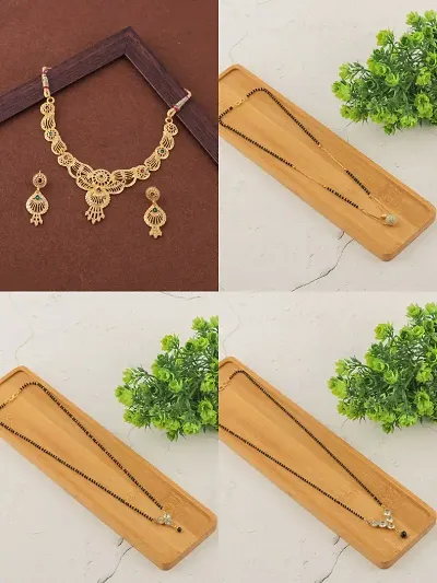 Stylish Fancy Designer Brass Pack Of 3 Mangalsutra With 1 Pair Earrings And 1 Pair Necklace Jewellery Set For Women