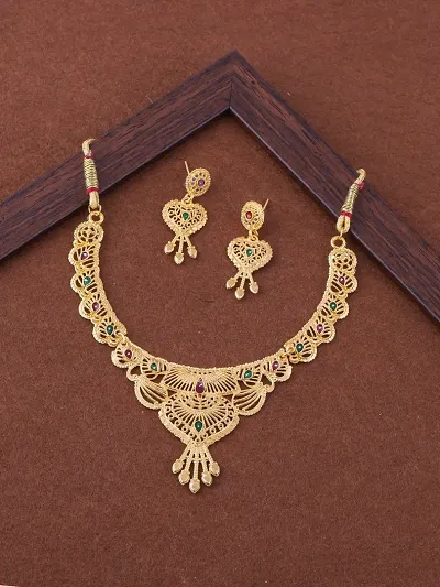 Stylish Fancy Designer Brass Pack Of 1 Necklace With 1 Pair Earrings Jewellery Set For Women