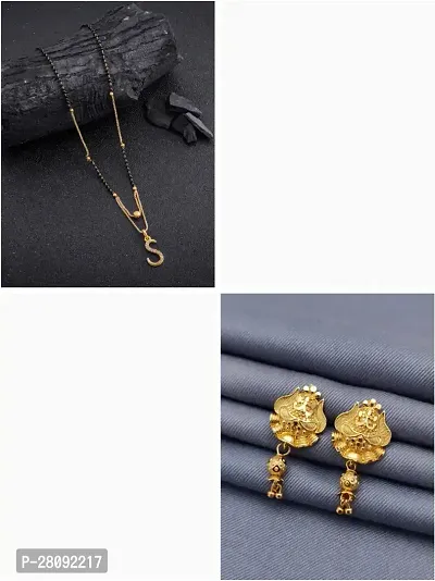 Designer Golden Brass Mangalsutras With Earrings Jewellery Set For Women