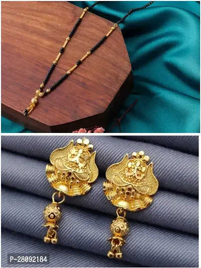 Designer Golden Brass Mangalsutras With Earrings Jewellery Set For Women