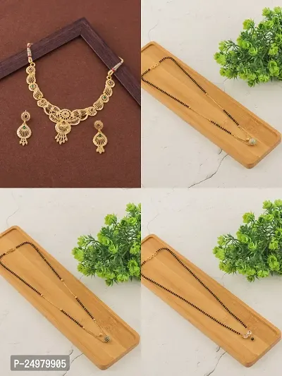 Stylish Fancy Designer Brass Pack Of 3 Mangalsutra With 1 Pair Earrings And 1 Pair Necklace Jewellery Set For Women