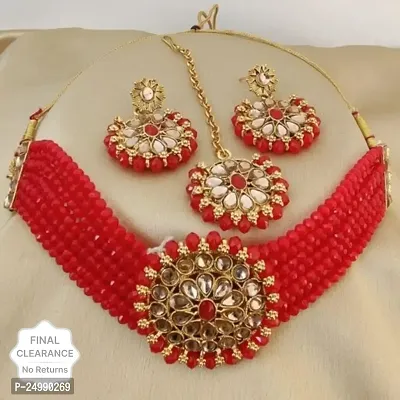Stylish Fancy Designer Alloy Pack Of 1 Necklace With 1 Pair Earrings And 1 Mangtikka Jewellery Set For Women-thumb0