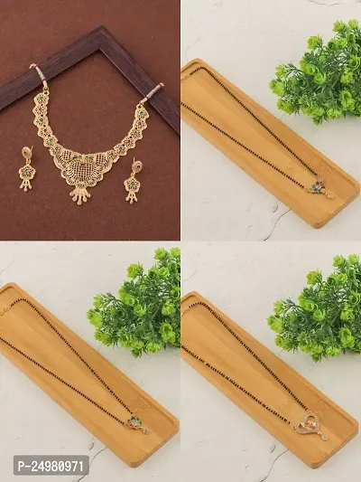 Stylish Fancy Designer Brass Pack Of 3 Mangalsutra With 1 Pair Earrings And 1 Pair Necklace Jewellery Set For Women