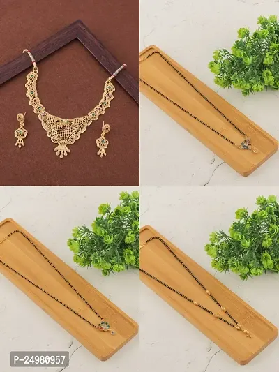 Stylish Fancy Designer Brass Pack Of 3 Mangalsutra With 1 Pair Earrings And 1 Pair Necklace Jewellery Set For Women