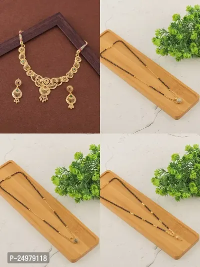 Stylish Fancy Designer Brass Pack Of 3 Mangalsutra With 1 Pair Earrings And 1 Pair Necklace Jewellery Set For Women