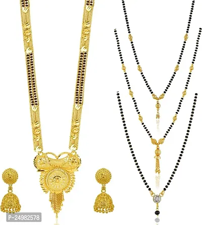 Stylish Fancy Designer Brass Pack Of 4 Mangalsutra With 1 Pair Earrings Jewellery Set For Women-thumb0