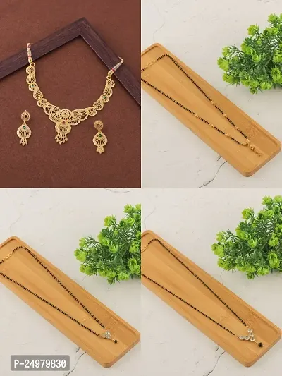 Stylish Fancy Designer Brass Pack Of 3 Mangalsutra With 1 Pair Earrings And 1 Pair Necklace Jewellery Set For Women