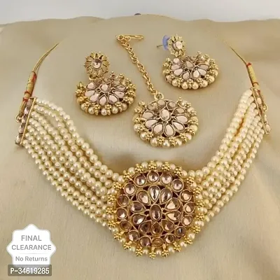 Designer Alloy Pack Of 1 Necklace With 1 Pair Earrings And 1 Mangtikka Jewellery Set For Women-thumb0