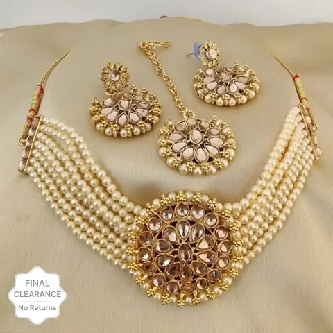 Stylish Fancy Designer Alloy Pack Of 1 Necklace With 1 Pair Earrings And 1 Mangtikka Jewellery Set For Women