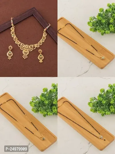 Stylish Fancy Designer Brass Pack Of 3 Mangalsutra With 1 Pair Earrings And 1 Pair Necklace Jewellery Set For Women