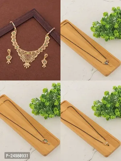 Stylish Fancy Designer Brass Pack Of 3 Mangalsutra With 1 Pair Earrings And 1 Pair Necklace Jewellery Set For Women