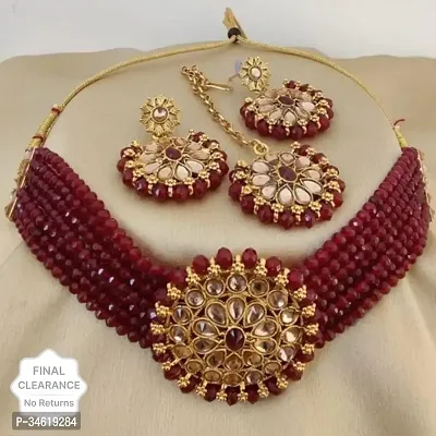 Designer Alloy Pack Of 1 Necklace With 1 Pair Earrings And 1 Mangtikka Jewellery Set For Women