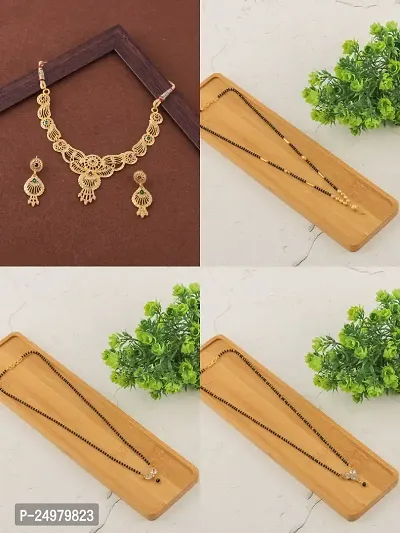 Stylish Fancy Designer Brass Pack Of 3 Mangalsutra With 1 Pair Earrings And 1 Pair Necklace Jewellery Set For Women