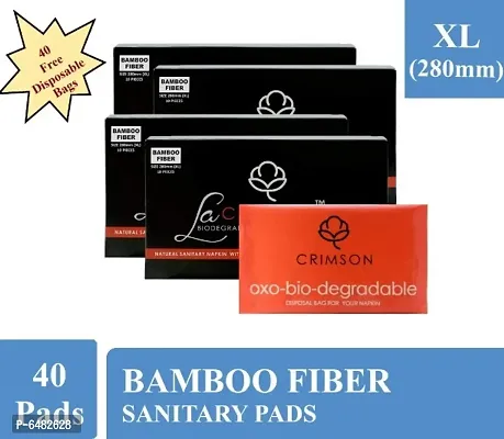 La Crimson Bio-Degradable Bamboo Fiber Sanitry Napkins With Disposable Bags For Day And Night Use||Size-280mm XL || Pack Of 40 pads. and 2 Pantyliners FREE