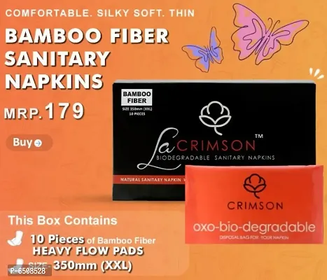 LA CRIMSON BAMBOO FIBER Bio-Degradable Sanitary Napkins With Free Disposable Bags||Size-350mm XXL || Pack Of 10 Pads.