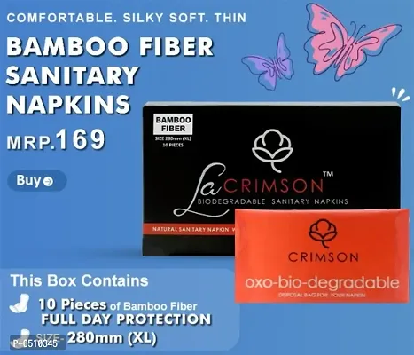 LA CRIMSON BAMBOO FIBER Bio-Degradable Sanitary Napkins With Free Disposable Bags||Size-280mm XL || Pack Of 10 Pads.-thumb0
