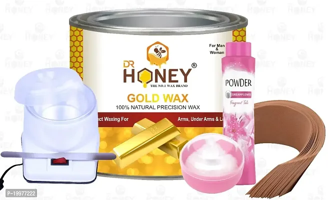 DR HONEY gold 600 gram wax strip stick and heater powder and powder puff 600 gram wax for all skin type soft wax for all skin