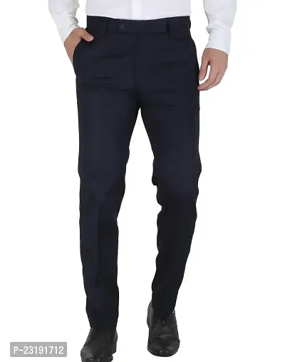 Elegant Lycra Navy Blue Mid-Rise Solid Formal Trouser For Men