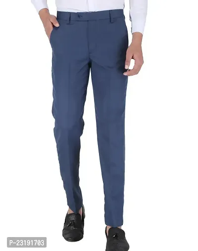 Elegant Lycra Blue Mid-Rise Solid Formal Trouser For Men-thumb0