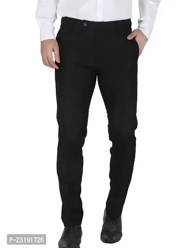 Elegant Lycra Black Mid-Rise Solid Formal Trouser For Men