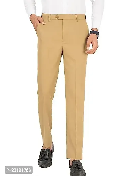 Elegant Lycra Beige Mid-Rise Solid Formal Trouser For Men-thumb0