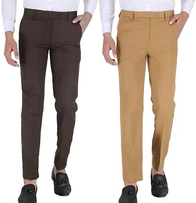 Stylish Polyester Blend Solid Easy Wash Trousers For Men- Combo Pack Of 2