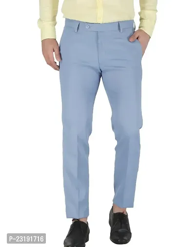 Elegant Lycra Light Blue Mid-Rise Solid Formal Trouser For Men