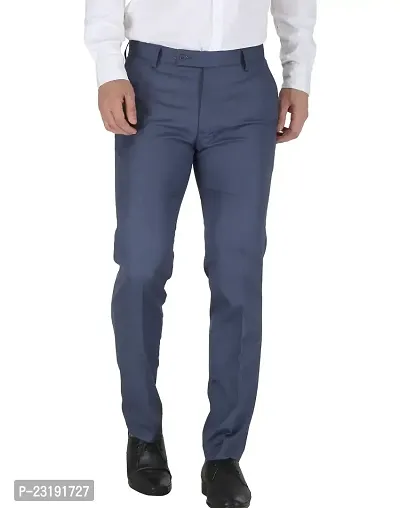 Elegant Lycra Blue Mid-Rise Solid Formal Trouser For Men