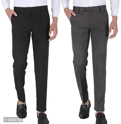 Elegant Lycra Multicoloured Mid-Rise Solid Formal Trouser For Men- Pack Of 2
