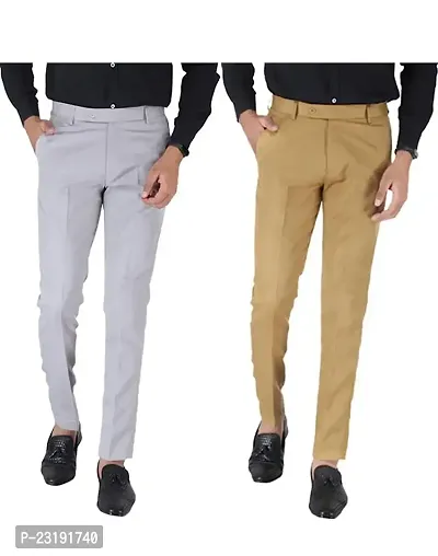 Elegant Lycra Multicoloured Mid-Rise Solid Formal Trouser For Men- Pack Of 2