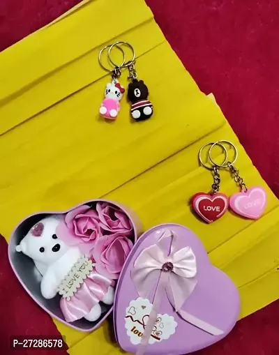 Beautiful Heart Shape Storage Container With 3 Roses And 1 Teddy Bear , 2 I Love You Keychains, 2 Cartoon Keychains