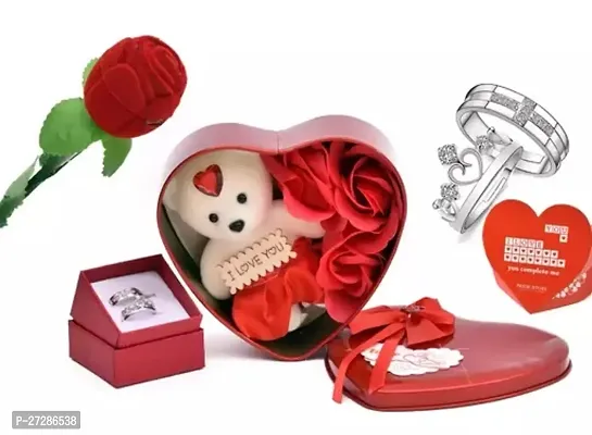 Beautiful Couple Ring Set, Ring Rose, Teddy 3 Flower Heart Box Valentines Gift Combo With Lovely Greeting Card