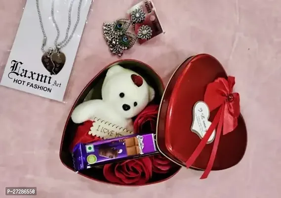 Beautiful Heart Pendant (2 Broken Heart) Necklace With Heart Shaped Pack With 3 Roses And 1 Teddybear