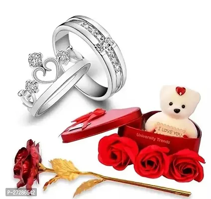 Beautiful Silver Plated Crown King Queen Adjustable Couple Ring With Red Rose Flower Box And Soft Teddy Bear-thumb0