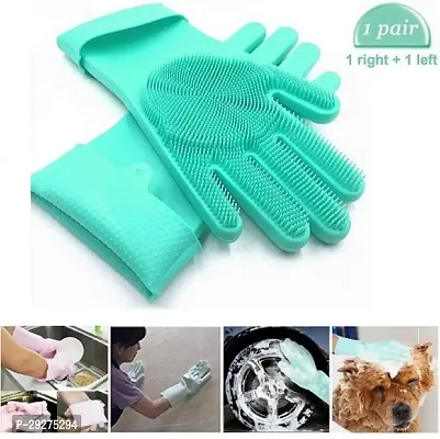 Silicone Cleaning Hand Gloves for Kitchen Dishwashing and Pet Grooming, Washing Dish, Car, Bathroom (Multicolour) 1 pair-thumb0