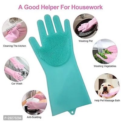 Silicone Cleaning Hand Gloves for Kitchen Dishwashing and Pet Grooming, Washing Dish, Car, Bathroom (Multicolour) 1 pair-thumb2