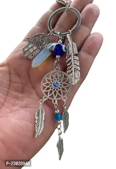 Designer New Trending Blue Evil Eye Lucky Hamsa Leaf With Dream Catcher Car Hanging Key Chain Key Ring-thumb0