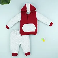 Macitoz 100% Pure Cotton Solid Full Sleeve Hooded T Shirt and Long Pant for Baby Boys/Full Sleeves Shirt with Cap Attached Top and Pant Winter Dresss for Babies (S (3Months- 6Months), Maroon)-thumb1