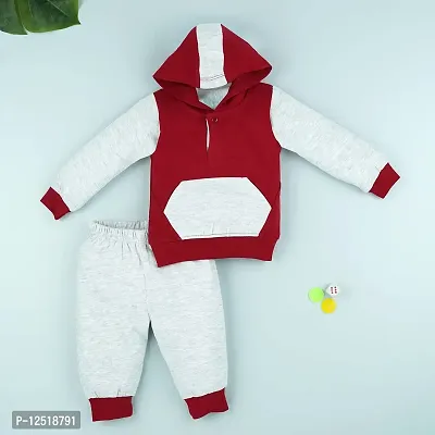 Macitoz 100% Pure Cotton Solid Full Sleeve Hooded T Shirt and Long Pant for Baby Boys/Full Sleeves Shirt with Cap Attached Top and Pant Winter Dresss for Babies (S (3Months- 6Months), Maroon)-thumb2