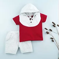 Macitoz 100% Pure Cotton Solid Regular Fit Half Sleeve Hooded T Shirt and Trouser for Baby Boys/Casual Half Sleeves Shirt with Cap Attached Top Combo for Babies (M (6Months- 12Months), Maroon)-thumb1