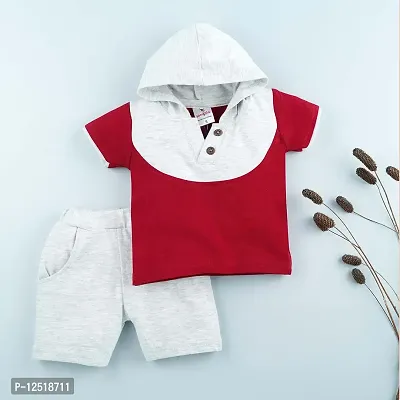 Macitoz 100% Pure Cotton Solid Regular Fit Half Sleeve Hooded T Shirt and Trouser for Baby Boys/Casual Half Sleeves Shirt with Cap Attached Top Combo for Babies (M (6Months- 12Months), Maroon)-thumb2