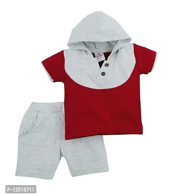 Macitoz 100% Pure Cotton Solid Regular Fit Half Sleeve Hooded T Shirt and Trouser for Baby Boys/Casual Half Sleeves Shirt with Cap Attached Top Combo for Babies (M (6Months- 12Months), Maroon)