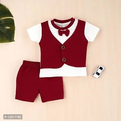 Solid T Shirt Attached Waistcoat And Bow With Shorts Kids-thumb2