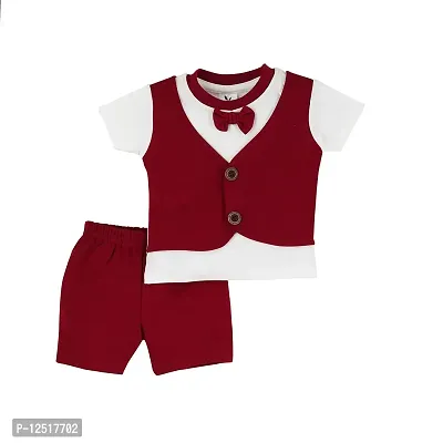 Solid T Shirt Attached Waistcoat And Bow With Shorts Kids
