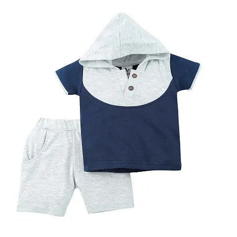 Macitoz 100% Pure Solid Regular Fit Half Sleeve Hooded T Shirt and Trouser for Baby Boys/Casual Half Sleeves Shirt with Cap Attached Top Combo for Babies (M (6Months- 12Months), Blue)