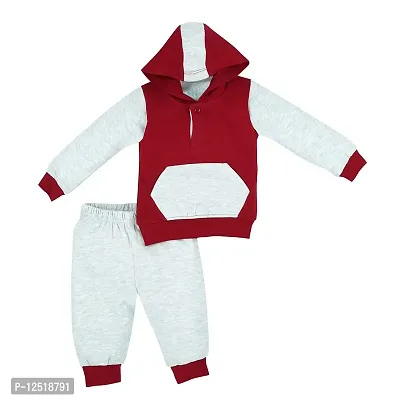 Macitoz 100% Pure Cotton Solid Full Sleeve Hooded T Shirt and Long Pant for Baby Boys/Full Sleeves Shirt with Cap Attached Top and Pant Winter Dresss for Babies (S (3Months- 6Months), Maroon)