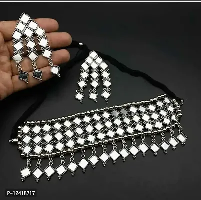 CosMos Afgani Silver Tone Mirror Necklace Set with Earrings Indian Bohemian Style Jewelry for Women & Girls-thumb3